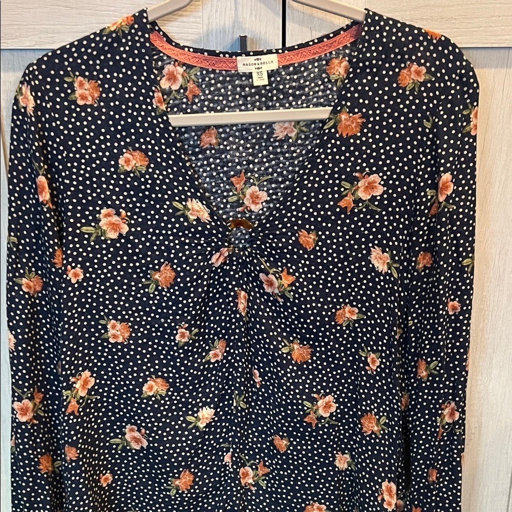 Mason & Belle Navy and White Polka Dot Blouse with Floral Design - Picture 3 of 4